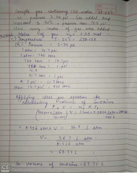 Page Date: sample gas 15.5 psl Initial Moles containing 1.50 moles pressure 7.74 psi Gas added temp increased to 50°C g press