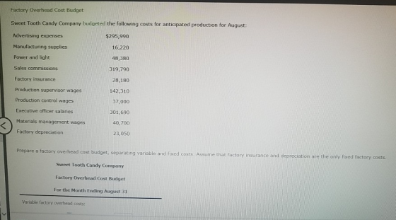 Factory Overhead Cost Budget Sweet Tooth Candy Company budgeted the following costs for anticipated production for August: Ad