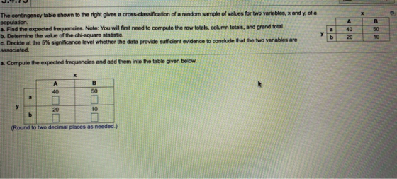 y A 40 20 a b B 50 10 у The contingency table shown to the right gives a cross-classification of a random sample of values fo