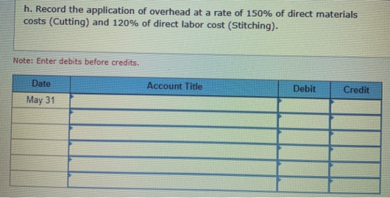 h.Record the application of overhead at a rate of 150% of direct materials costs (Cutting) and 120% of direct labor cost (Sti