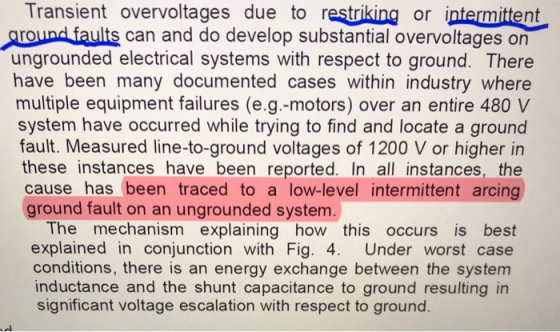 Transient overvoltages due to restriking or intermittent ground faults can and do develop substantial overvoltages on ungroun
