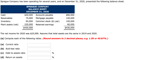 Sprague Company has been operating for several years, and on December 31, 2020, presented the following balance sheet. SPRAGU