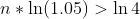 n* ln(1.05) > In 4