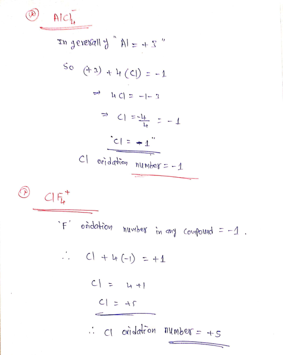 Alch In generall oy Al=+ so (42) + 4 (CI) = -1 Bad HCl = -|-3 C -4 Cl = + 1 cl oridation number - 1 ® CIET ť onidation n
