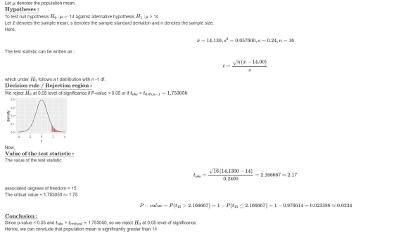 Let u denotes the population mean. Hypotheses : To test null hypothesis Ho = 14 against alternative hypothesis H1 : > 14 Letc