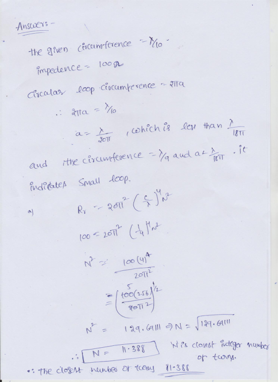 AnsCeys the aen aicum-ference impedenceloo CL (o JOTT BTT a) Ar 2oTt 2-S6 N= 1.388 o tanna.