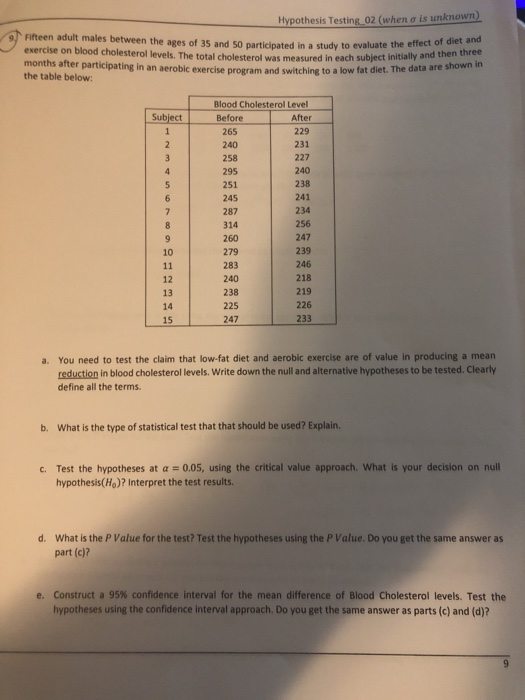 Hypothesis Testing_02 (when is unknown) 9 Fifteen adult males between the ages of 35 and 50 participated in a study to evalua