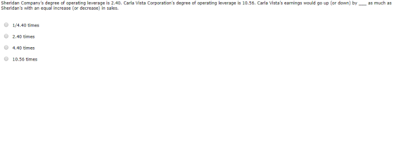 Sheridan Companys degree of operating leverage is 2.40. Carla Vista Corporations degree of operating leverage is 10.56. Car