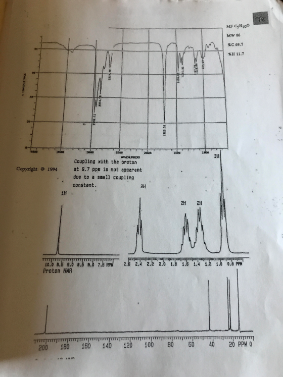 Coupling with the proton Copyright o 1994 at 9.7 pp is not apparent due to a saall coupling Constant 2.4 2.2 2 10.0 9. Proton NMR 100 120 140 160 180 200 MF C5H10O MW 86 %C69.7 %H 11.7 2H 2H i A 1.2 1.0 0. PPN 20 PPM 0 60