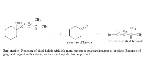 CH3 CH3 H2 H2 Br C C CH3 structure of ketone structure of alkyl bromi de Explanati on; Reaction of alkyl hali de with Mg metal produces grignard reagent as product. Reaction of grignard reagent with ketone produces ertiary alcohol as product.