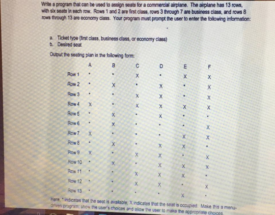 Write a program that can be used to assign seats for a commercial airplane. The airplane has 13 rows, with six seats in each row. Rows 1 and 2 are first class, rows 3 through 7 are business class, and rows 8 rows through 13 are economy class. Your program must prompt the user to enter the following information: Ticket type (first class, business class, or economy class) Desired seat a. b. Output the seating plan in the following form: Row 1 Row 2 Row 3 Row 4 X Row5 Row 6 Row7 X Row 8 Row 9 X Row 10 Row 11 Row 12 . Row 13 Here, indicates that the seat is available; X indicates that the seat is occupied. Make this a menu- driven program; show the users choices and allow the user to make the appropriate choices