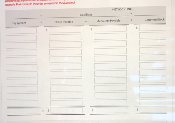parenthes example. Post entries in the order presented in the question.) METLOCK, INC. + Liabilities Accounts Payable Common