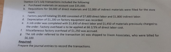 Stanton Cos July transactions included the following: a. Purchased materials on account cost $35,000. b. Requisitions for $8
