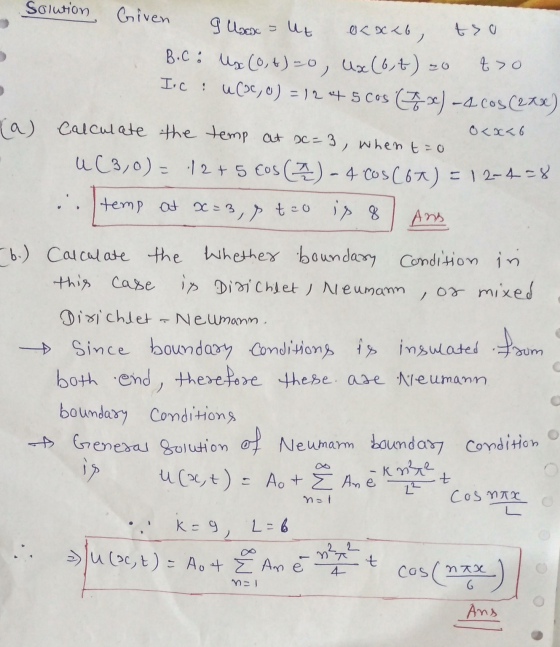 Solution tro f>o Given 9 Unox = ut 0< x < 6 ) B.C: Ux (0,4)=0, Ux(6,t) = Ic : u(?C,0) = 12 045 cos CE se) -4Cos (218) (a) Ca