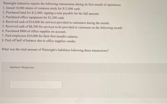 Wainright Industries reports the following transactions during its first month of operations: 1. Issued 10,000 shares of comm