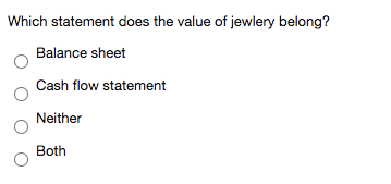 Which statement does the value of jewlery belong? Balance sheet Cash flow statement Neither Both