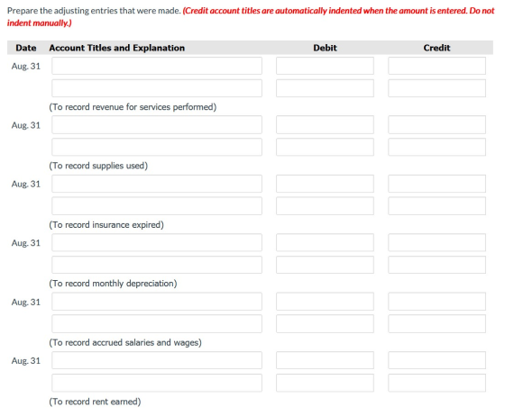 Prepare the adjusting entries that were made. (Credit account titles are automatically indented when the amount is entered. D
