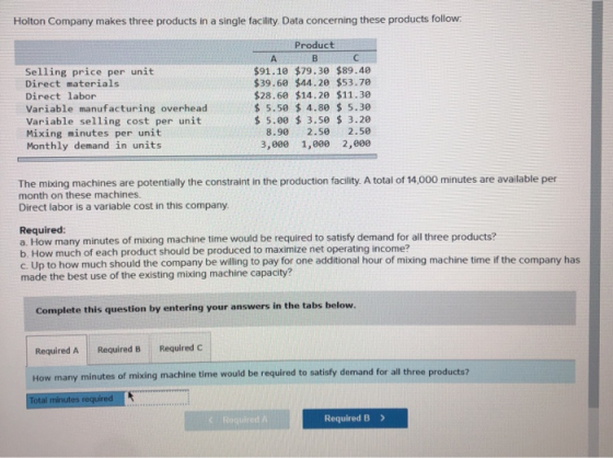Holton Company makes three products in a single facility. Data concerning these products follow. Product А Selling price per