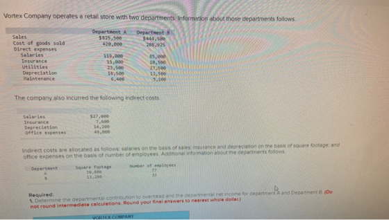 Vortex Company operates a retail store with two departments. Information about those departments follows. Department A $825,5