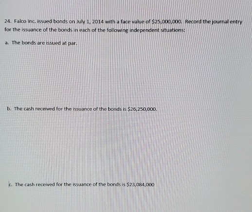 24. Falco Inc. issued bonds on July 1, 2014 with a face value of $25,000,000. Record the journal entry for the issuance of th