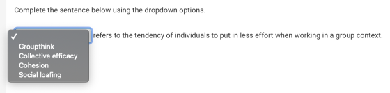 Complete the sentence below using the dropdown options. refers to the tendency of individuals to put in less effort when work
