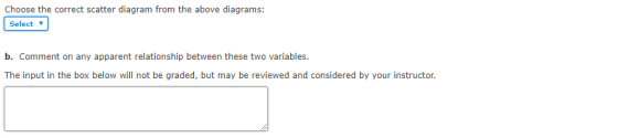 Choose the correct scatter diagram from the above diagrams: Select Y b. Comment on any apparent relationship between these two variables The input in the box below will not be graded, but may be reviewed and considered by your instructor