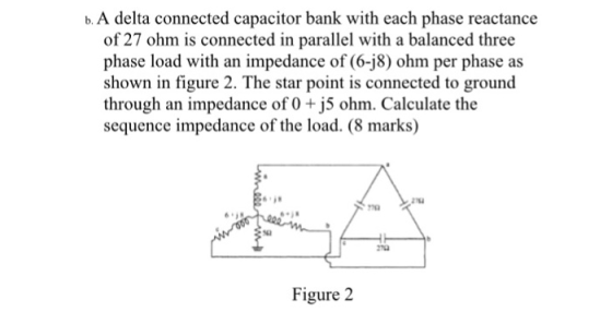 b. A delta connected capacitor bank with each phase reactance of 27 ohm is connected in parallel with a balanced three phase load with an impedance of (6-j8) ohm per phase as shown in figure 2. The star point is connected to ground through an impedance of 0 +j5 ohm. Calculate the sequence impedance of the load. (8 marks) 2m0 Figure 2
