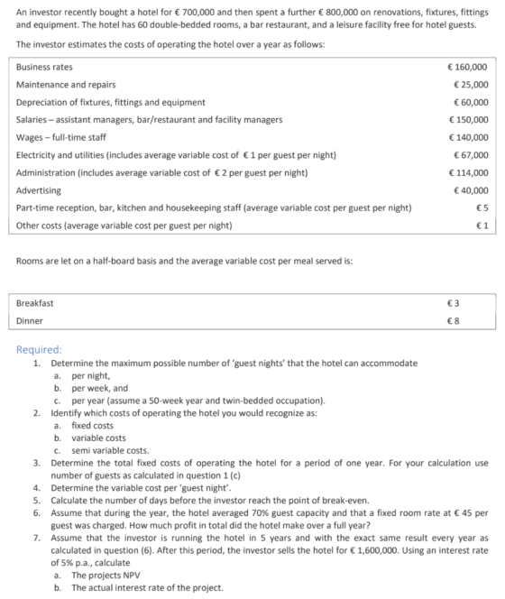 An investor recently bought a hotel for € 700,000 and then spent a further € 800,000 on renovations, fixtures, fittings and e
