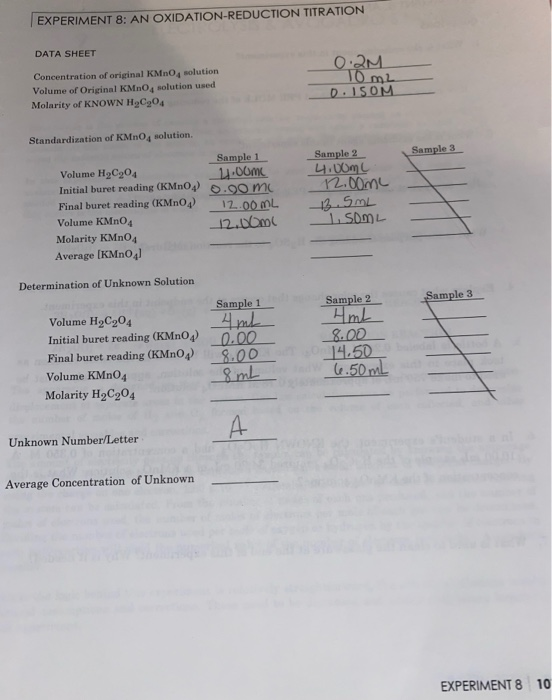 EXPERIMENT 8: AN OXIDATION-REDUCTION TITRATION DATA SHEET 0.2M 10 m2 Concentration of original KMnO solution Volume of Origin