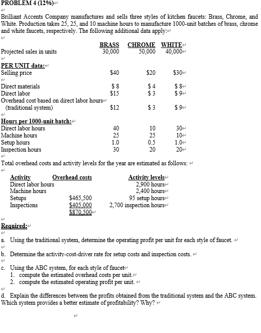 PROBLEM 4 (12%) Brilliant Accents Company manufactures and sells three styles of kitchen faucets: Brass, Chrome, and White. P