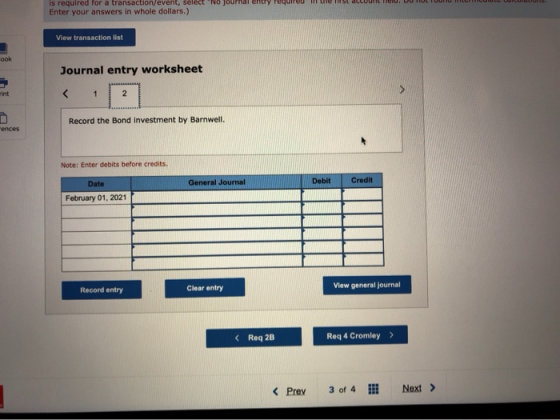 eu es decir. is required for a transaction/event, select No journal entry fequ Enter your answers in whole dollars.) View tr