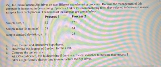 Zip, Inc. manufactures Zip drives on two different manufacturing processes. Because the management of this company is interes