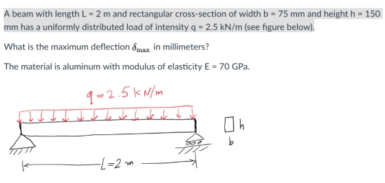 A beam with length L-2 m and rectangular cross-section of width b-75 mm and height h 150 mm has a uniformly distributed load of intensity q 2.5 kN/m (see figure below). What is the maximum deflection δmax in millimeters? The material is aluminum with modulus of elasticity E 70 GPa. T77