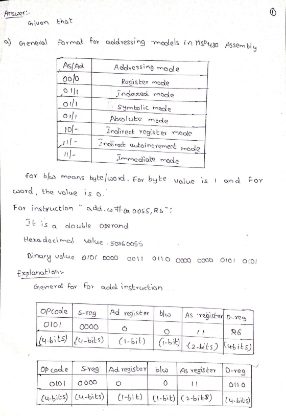 Answer Given that a) General format for addressing models in MSP430 As sem blue Addressing mode As/Ad 0010 0110 Oil1 0111 101
