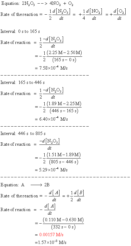 Equation: 2N, O-- > 4NO + O - -1dLo,]. +1dMo,]do] Rate of thereacti on- --+ 2 dt 4 dt dt Interval: 0 s to 165 s 세NA] 2 dt Rat