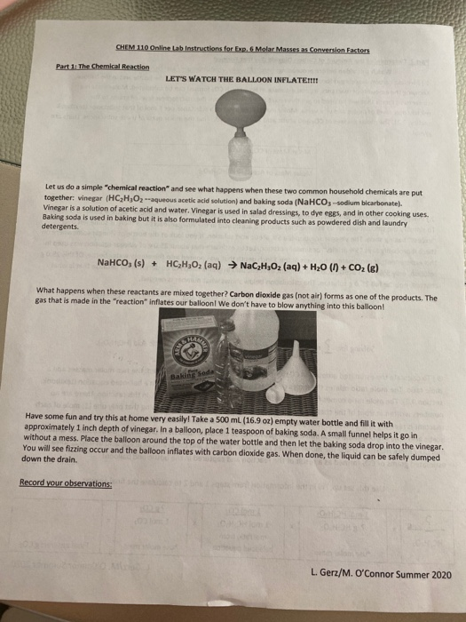CHEM 110 Online Lab Instructions for Exp 6 Molar Masses as Conversion Factors Part 1: The Chemical Reaction LETS WATCH THE B