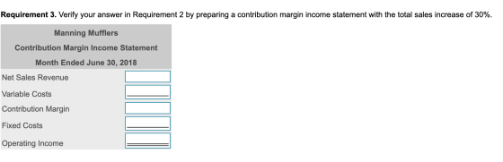 Requirement 3. Verify your answer in Requirement 2 by preparing a contribution margin income statement with the total sales i