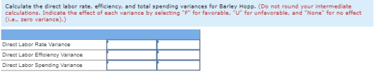 Calculate the direct labor rate, efficiency, and total spending variances for Barley Hopp. (Do not round your intermediate ca