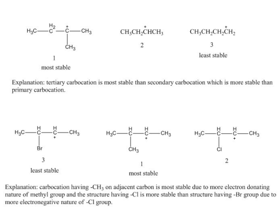 Н2 Hас- CH,CH2CH,CH2 - CH3 CH3CH2CHCH3 3 2 CHз least stable 1 most stable Explanation: tertiary carbocation is most stable th