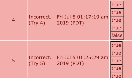 true true Incorrect. Fri Jul 5 01:17:19 am true 2019 (PDT) (Try 4) |true false true true Incorrect. Fri Jul 5 01:25:29 am tru