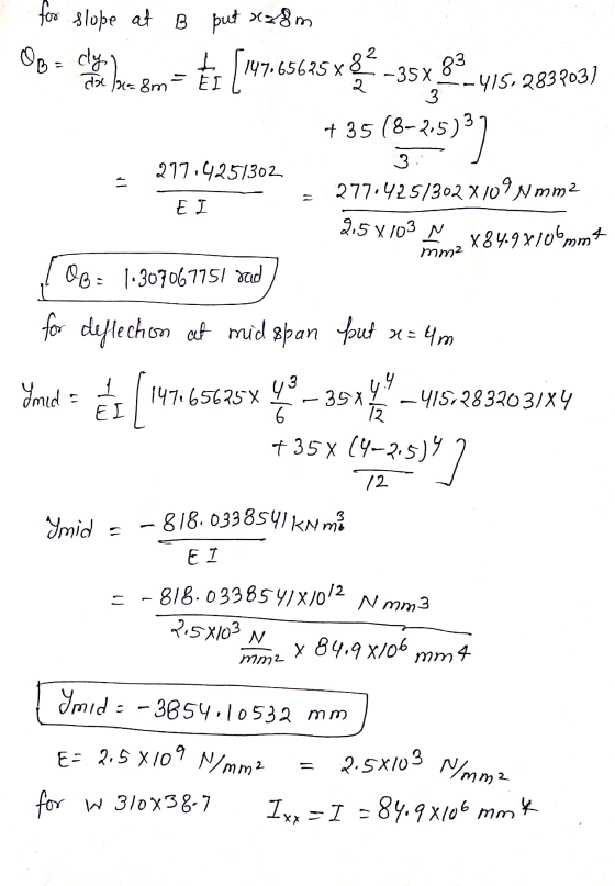 -35x83 3 VI mm2 Imid = 2.5X103 Nmm2 for slope at B put 78m Om dy ㅗ 82 dae lac=&mi -415.283203) 3 +35(8-2,5)3 277.4257302 277.