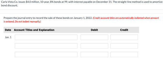 Carla Vista Co. issues $4.0 million, 10-year, 8% bonds at 99, with interest payable on December 31. The straight-line method