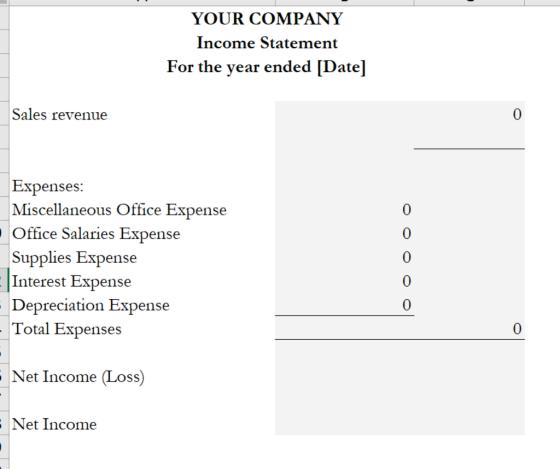 YOUR COMPANY Income Statement For the year ended [Date] Sales revenue Expenses: Miscellaneous Office Expense Office Salaries