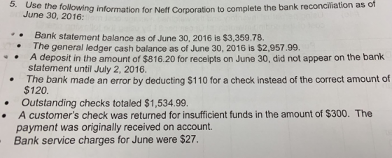 5. Use the following inform June 30, 2016: ation for Neff Corporation to complete the bank reconciliation as of Bank statement balance as of June 30, 2016 is $3,359.78. . The general ledger cash balance as of June 30, 2016 is $2,957.99. A deposit in the amount of $816.20 for receipts on June 30, did not appear on the bank statement until July 2, 2016. The bank made an error by deducting $110 for a check instead of the correct amount of $120. Outstanding checks totaled $1,534.99. A customers check was returned for insufficient funds in the amount of $300. The payment was originally received on account. Bank service charges for June were $27
