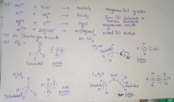 MA Ferrous 33) MAT + 4CN Fe2+ & co2 Mg2 & 02 Ni2+ + 200.000 - 34) (A) Dinitrogen trioxide 35) PF = é :F: PF FIFA Pyramidal po