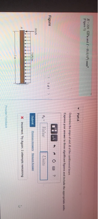 B-220 GPa and I - 650(109) mm (Figure 1) Part A Determine the slope of end of the cantilevered beam Express your answer to th