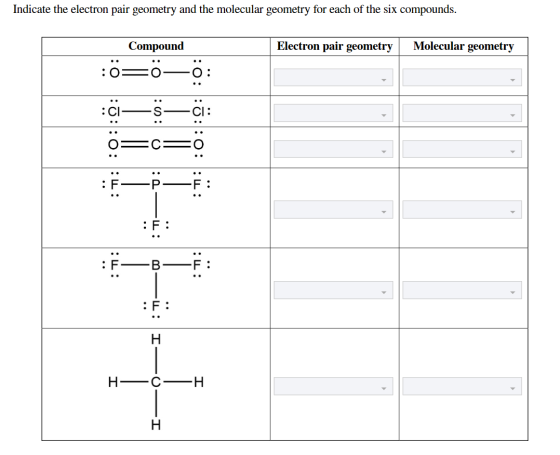 Indicate the electron pair geometry and the molecular geometry for each of the six compounds. Compound Electron pair geometry