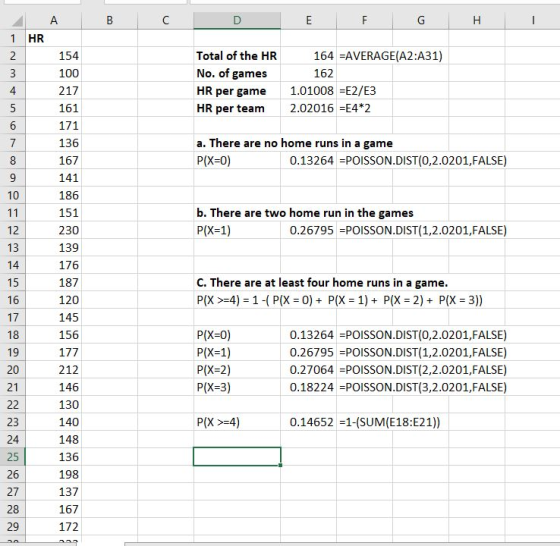 А. B с D E F G H 1 HR 2 3 Total of the HR No. of games HR per game HR per team 164 =AVERAGE(A2:A31) 162 1.01008 =E2/E3 2.0201
