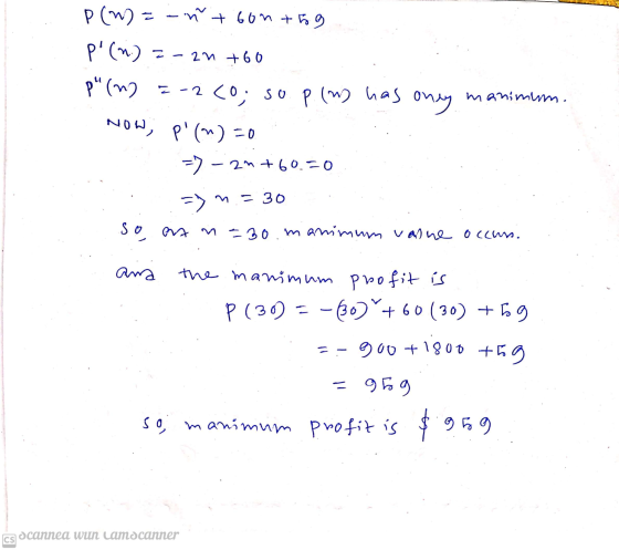 2 - 2 N +60 P (W) = -ñ tbon +59 p (n.) p (m2 7-220; so pom NOW, pin) =0 has oney manimim. 2n +60=0 =) - 20 => n = 30 OS et