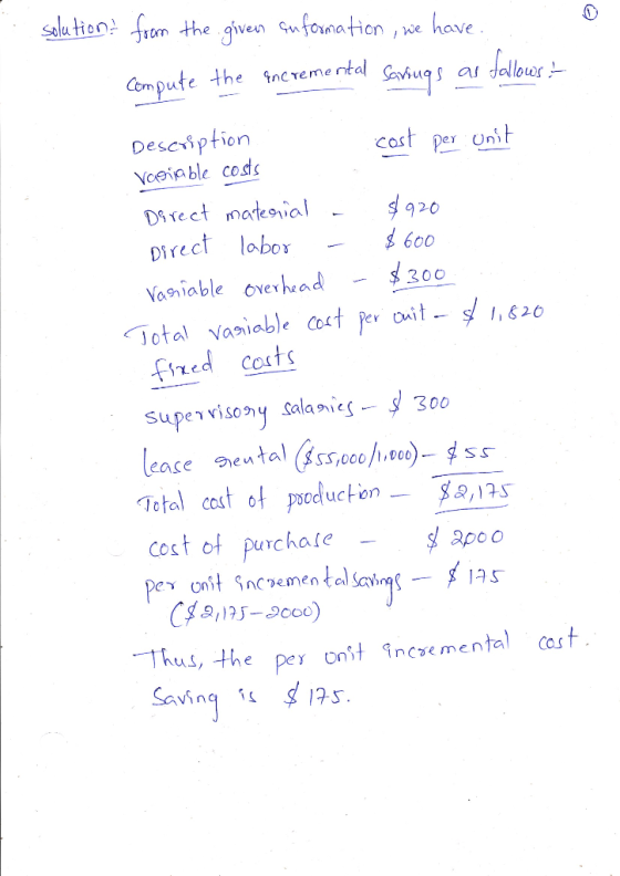 solution from the given information, we have . . Compute the incremental Savsugs as followers.- Description : cost per unit V